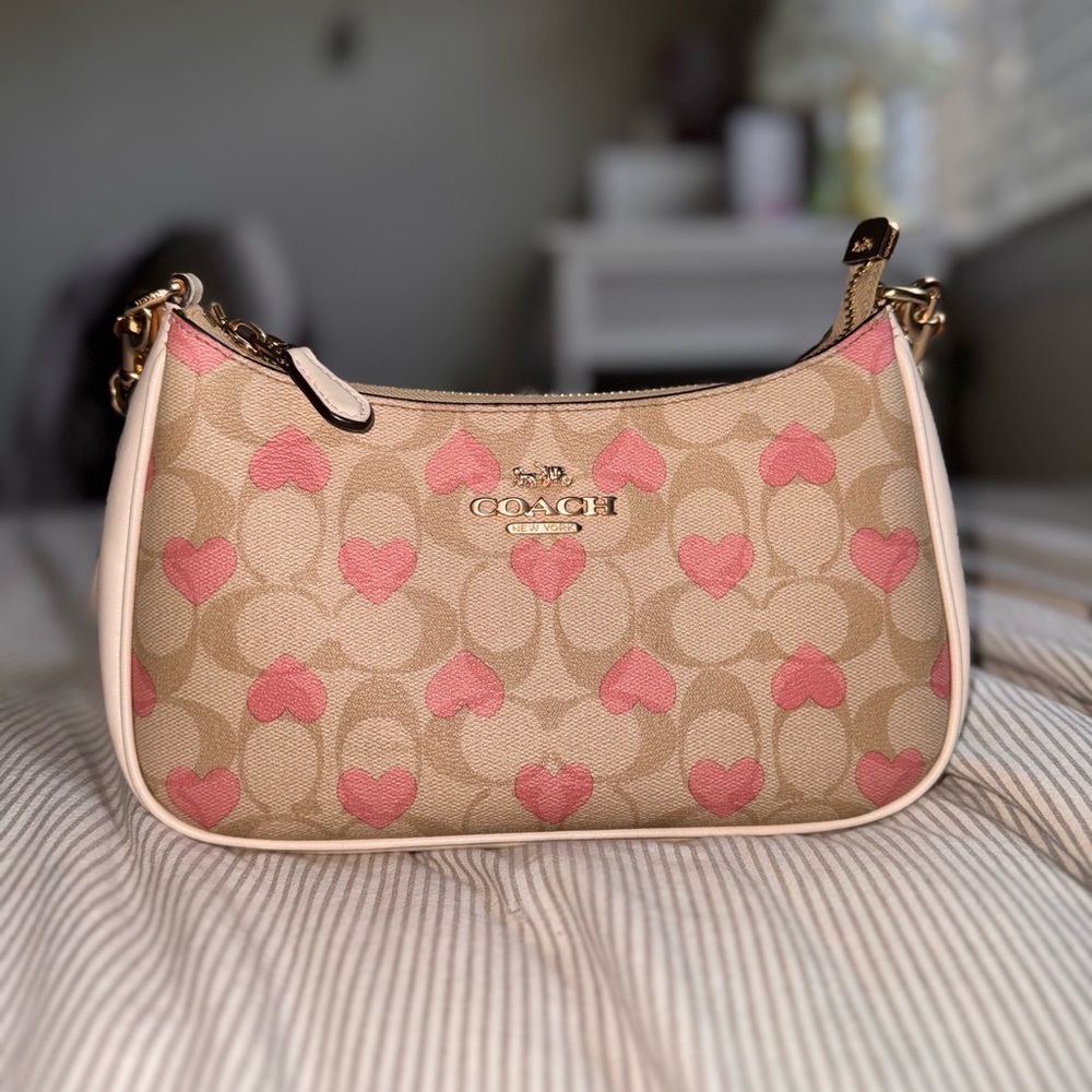 Coach Tan and Pink Heart Shoulder Bag